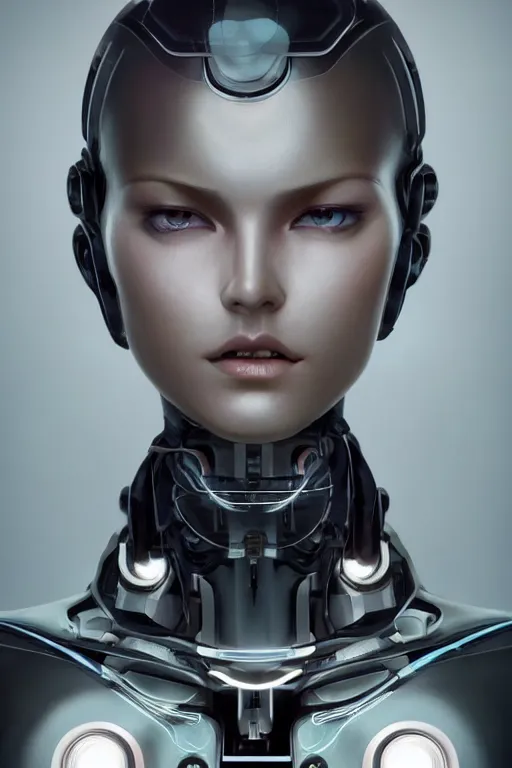 Image similar to a beautiful half body image of a futuristic android with a mechanical mecha body, mostly black metal with internal lights glowing inside, symmetrical and realistic proportions by Irakli Nadar, tom bagshaw, Charlie Bowater with details by Jason Felix, furio tedeschi, face by ilya kuvshinov, artgerm, cinematic backlit lighting, detailed, intricate, beauty retouch, elite, photo realistic, octane render, hyper real, ultra detailed, trending on artstation pinterest and deviantart