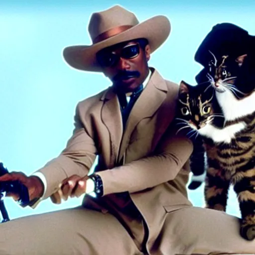 Prompt: a still of the cats gunfighting from the buddy cop movie beverly hills cat 2, with eddie murphy