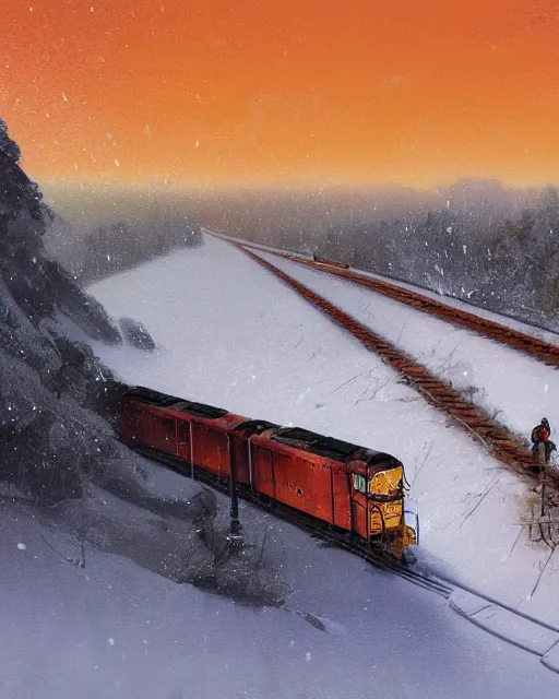 Image similar to a highly detailed epic cinematic concept art CG render digital painting artwork: Railroad in snowy landscape of Siberia and worker in orange west. By Greg Rutkowski, in the style of Francis Bacon and Syd Mead and Norman Rockwell and Beksinski, open ceiling, highly detailed, painted by Francis Bacon and Edward Hopper, painted by James Gilleard, surrealism, airbrush, Ilya Kuvshinov, WLOP, Stanley Artgerm, very coherent, triadic color scheme, art by Takato Yamamoto and James Jean