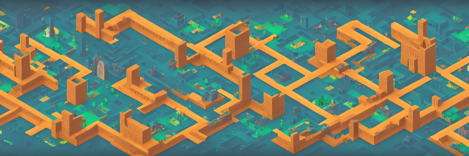 Prompt: City in isometric view, monument Valley 2 game style