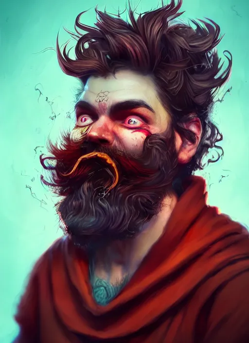 Prompt: grumpy young man casting fire spell, red unkempt beard, wild hair, whimsical, portrait in the style of justin sweet, macro lens, shallow depth of field, highly detailed, digital painting, trending artstation, concept art, illustration, cinematic lighting, vibrant colors, photorealism, epic, octane render, magic the gathering artwork, centered