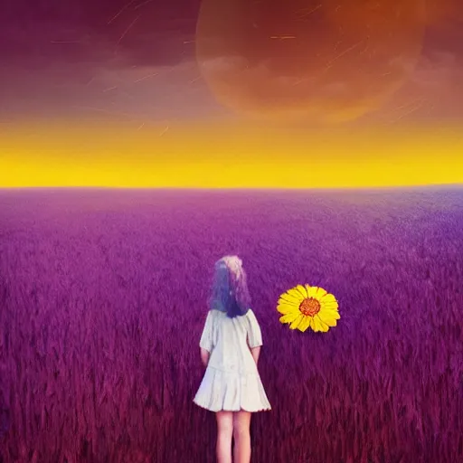 Image similar to giant daisy flower as a head, girl walking in flower field, surreal photography, night moon light, dramatic, impressionist painting, clouds, digital painting, artstation, simon stalenhag