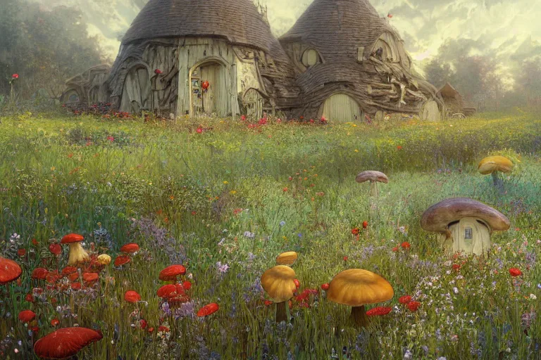 Prompt: a beautiful digital painting of a sprawling mushroom house in a field of flowers, beautiful day, stream, by greg rutkowski, gerald brom, marc simonetti, jean - baptiste monge, and alphonse mucha, symmetry, complementary colors, ink illustration, trending on artstation