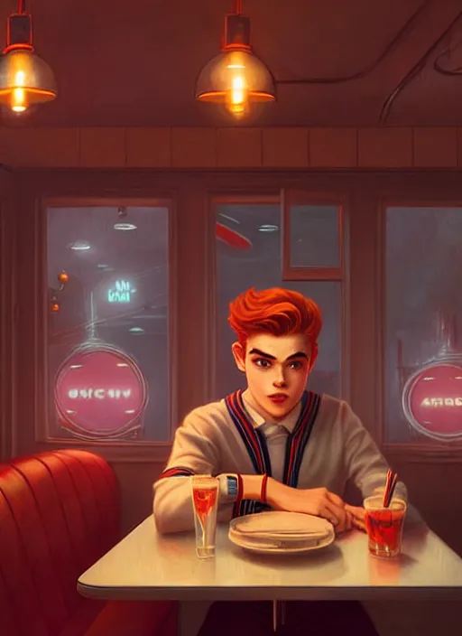 Prompt: teenage archie andrews, in a classic 5 0 s diner, misty, atmospheric, riverdale, intricate, elegant, glowing lights, highly detailed, digital painting, artstation, sharp focus, illustration, art by wlop, mars ravelo and greg rutkowski