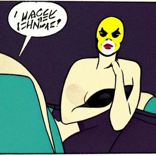 Prompt: comic-book panel of a woman laying back on a chaise lounge with cigarette in her hand while Rorschach from Watchmen asks her psychological questions