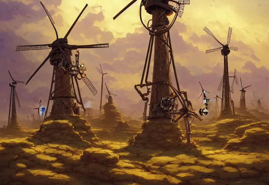 Image similar to steampunk windmills in the desert with chubby vines in the foreground, intricate oil painting, high detail illustration, sharp high detail, manga and anime 1 9 9 9, official fanart behance hd artstation by jesper ejsing and makoto shinkai, 4 k,