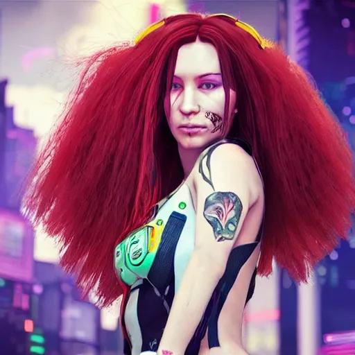 Image similar to Portrait of Robot Girl with long red hair and a tattoo in the style of the game CYBERPUNK 2077 , very beautiful Enga style, the girl is wrapped in color, photorealism