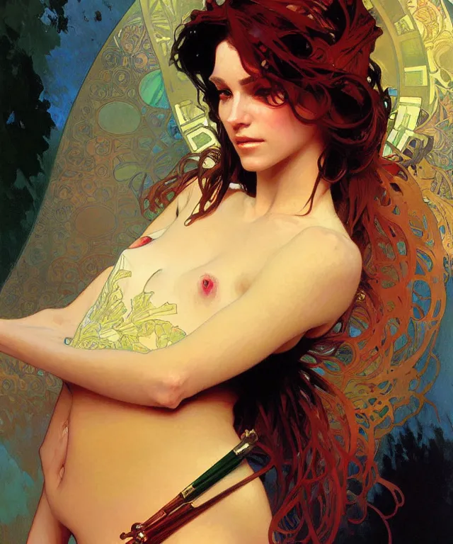 Image similar to beautiful woman painting by greg ruthowski, alphonse mucha, henry ascensio, craig mullins, intricate and detailed