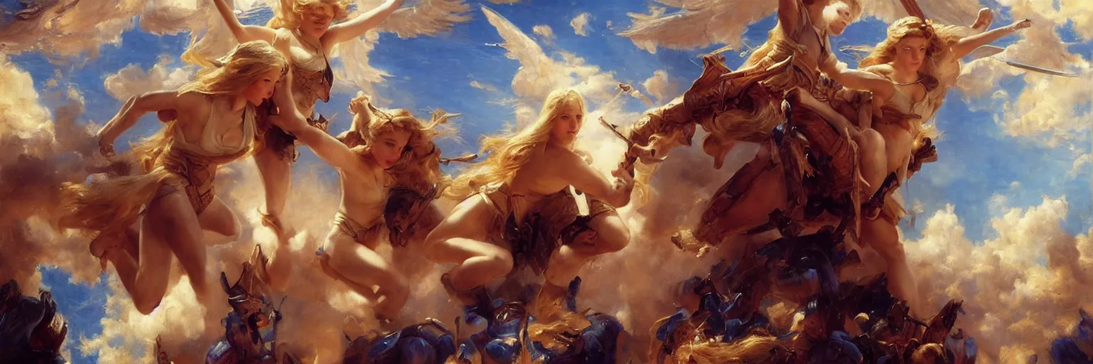 Image similar to a cinematic shot of a blonde young girl killing angels in the sky, the sky is blue, the angels are crying, the young girl is filled with hate, extremely realistic and highly detailed painting by gaston bussiere and j. c. leyendecker 8 k