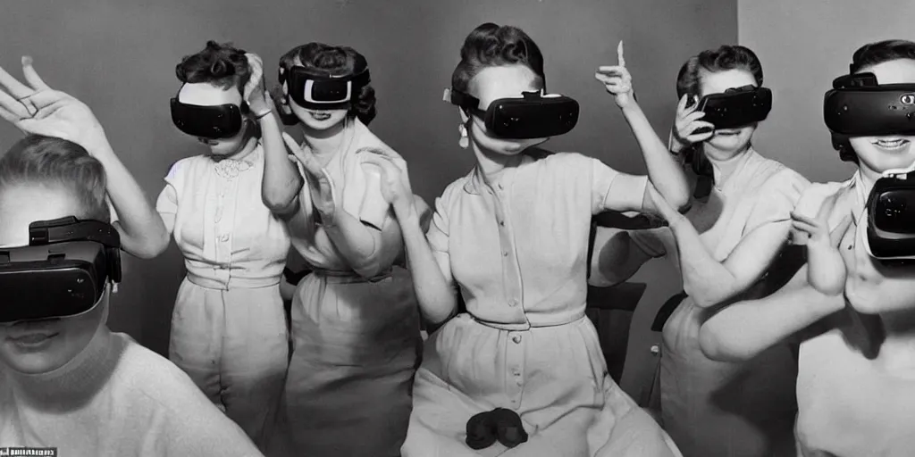 Image similar to people from the 1 9 5 0 s playing with virtual reality goggles, they are in awe, photograph