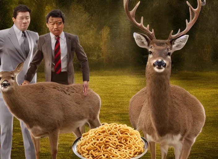 Image similar to a very high resolution image from a new movie, two deer wearing suits are eat instant noodles in a shabby temple