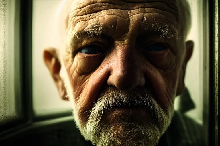 Image similar to an ultra realistic, cinematic, close up portrait, of an old man, looking in the window, sad, dramatic, soft light, dreamy, facial features, stood in a cell, with prison clothing, detailed, deep focus, movie still, dramatic lighting, ray tracing, by michal karcz and yoshitaka