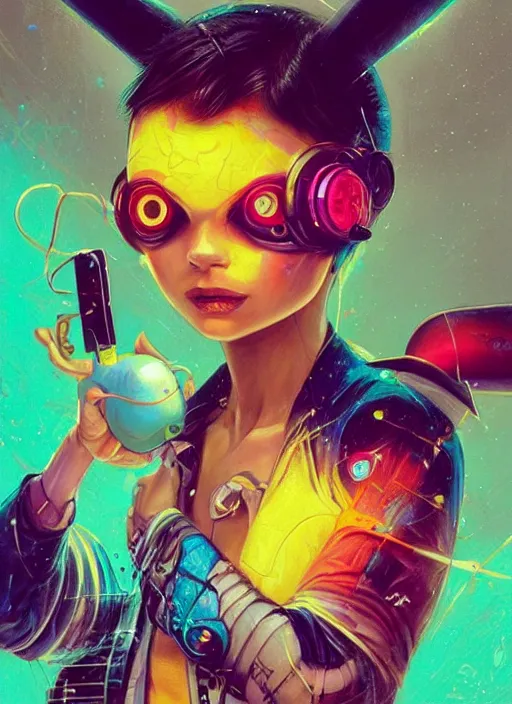 Image similar to beautiful portrait of lofi cyberpunk pikachu, by Tristan Eaton, Stanley Artgermm, Tom Bagshaw, Greg Rutkowski, Carne Griffiths, trending on DeviantArt, face enhance, hyper detailed. trending on Artstation, 8k, masterpiece, graffiti paint, fine detail, full of color, intricate detail, golden ratio illustration