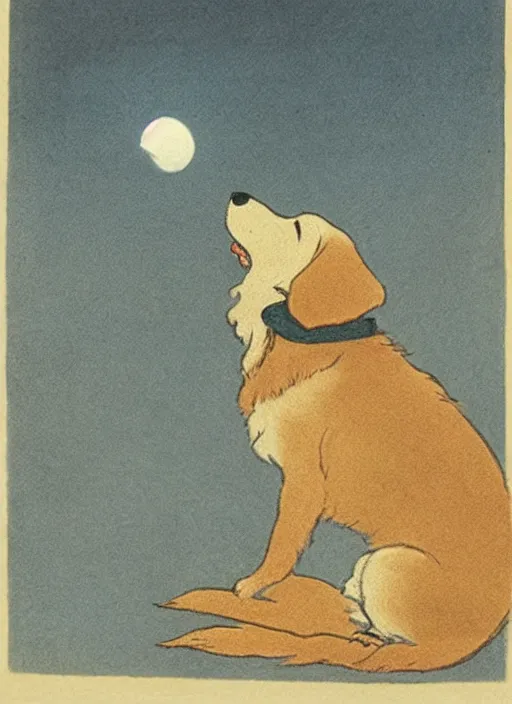 Image similar to jack russel dog silhouette howling at the moon, illustrated by peggy fortnum and beatrix potter and sir john tenniel