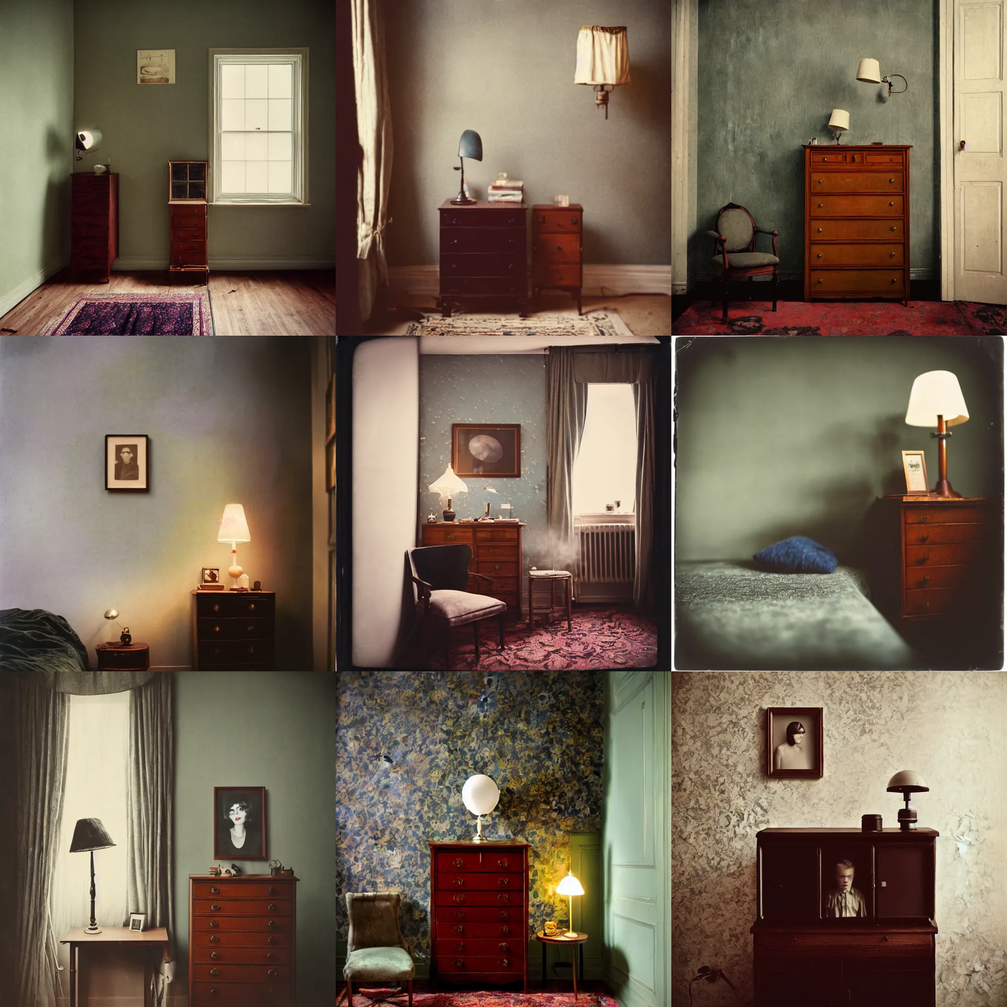 Image similar to kodak portra 4 0 0, wetplate, fisheye, award - winning portrait photo by britt marling, 1 9 2 0 s room, picture frames, 1 9 2 0 s furniture, wallpaper, carpet, shining lamp,, muted colours, blueberry, wood, fog,