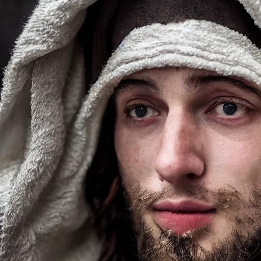 Image similar to professional close - up portrait photograph of a bohemian jewish prophet in his 2 0 s wearing a white hooded wizards robe. cinematic, epic framing, deep emotion. game if thrones character.