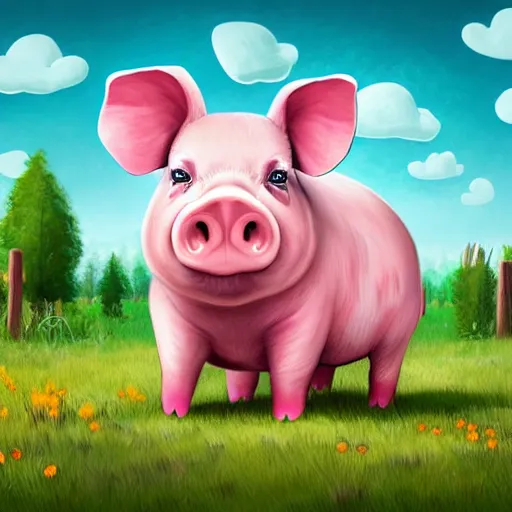 Image similar to cute cheerful pig with his two ears and his trunk in a meadow, colouring - in sheet, concept design, character art, sharp focus, highly detailed, artstation