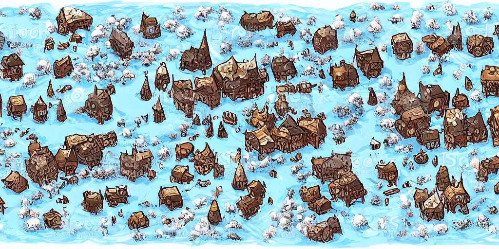 Image similar to a high detailed winter snow ice fantasy bandit camp vector art an aerial view of a cartoonish rpg village by dungeondraft, dofus, patreon content, hd, straight lines, vector, grid, dnd map, map patreon, fantasy maps, foundry vtt, fantasy grounds, aerial view, dungeondraft, tabletop, inkarnate, dugeondraft, roll 2 0