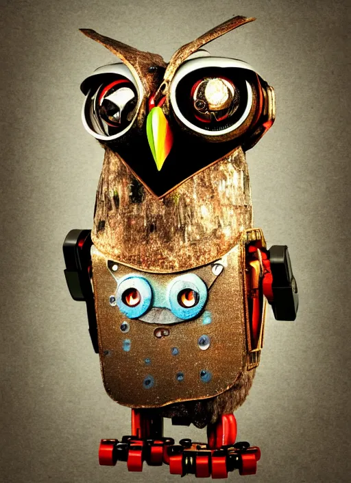 Image similar to colored pencil and pen drawing of an animatronic robot owl, bird made from rusty old keys and padlocks, 4 k photorender realityengine