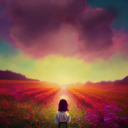 Prompt: girl with a flower face, surreal photography, bizzare, dreamlike, standing in flower field, in a valley, sunrise dramatic light, impressionist painting, colorful clouds, artstation, simon stalenhag