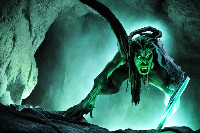 Image similar to vfx film, soul reaver, raziel irl, price of persia movie, missing jaw, hero pose, devouring magic souls, glowing green soul blade, in epic ancient sacred huge cave temple, flat color profile low - key lighting award winning photography arri alexa cinematography, hyper real photorealistic cinematic beautiful, atmospheric cool colorgrade