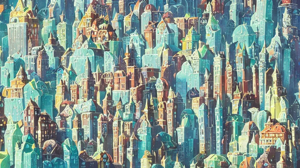 Image similar to city with buildings made entirely of decorated cakes, icing, gouache, ghibli animated film, stylised, illustration, by eyvind earle, scott wills, genndy tartakovski