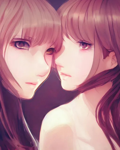 Image similar to portrait of two girls kissing, anime, drawn by WLOP, trending on Artstation