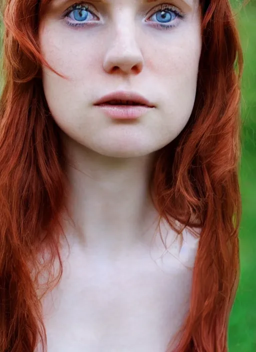 Prompt: close up portrait photograph of a anesthetic beautiful!!! thin young redhead woman with russian descent, sunbathed skin, with deep blue round!! Symmetrical!! eyes. Wavy long maroon colored hair. she looks directly at the camera. Slightly open mouth, face takes up half of the photo. a park visible in the background. 55mm nikon. Intricate. Very detailed 8k texture. Sharp. Cinematic post-processing. Award winning portrait photography. Sharp eyes.