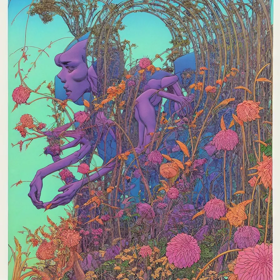 Image similar to ( ( ( ( beautiful strange forest and flowers surrounded by decorative frame ) ) ) ) by mœbius!!!!!!!!!!!!!!!!!!!!!!!!!!!, overdetailed art, colorful, record jacket