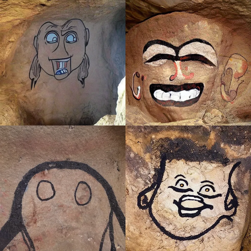 Prompt: trollface cave painting