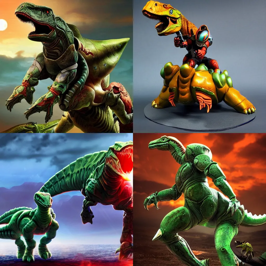 Prompt: Samus Aran in full armor riding dinosaur raptor Yoshi to battle, intricate, highly detailed, beautiful lighting, light fog, 8k