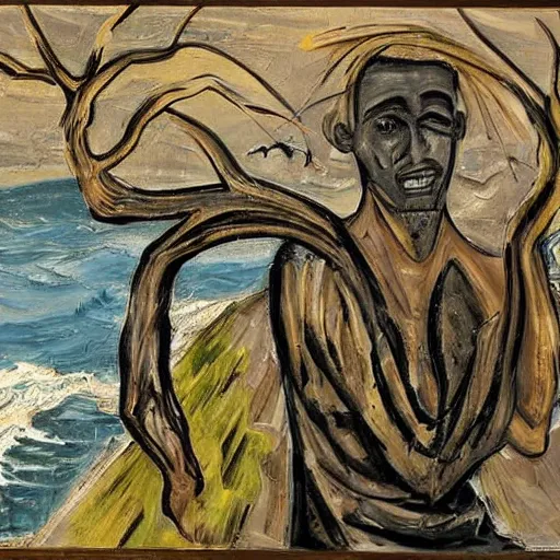 Image similar to The painting shows a man caught in a storm, buffeted by wind and rain. He clings to a tree for support, but the tree is bent nearly double by the force of the storm. The man's clothing is soaked through and his hair is plastered to his head. His face is contorted with fear and effort. Mediterranean by Bernard Buffet earthy