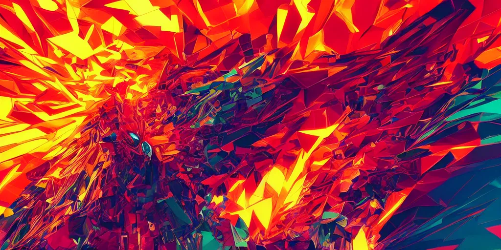Prompt: dynamic, wideangle pov closeup, conceptart, expressive, vibrant, giant fiery phoenix, synthwave, madness, glitch art, ferocious, imposing, spectacular, cubism, polygonal, fractured