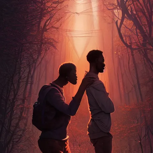 Image similar to symmetry!! highly detailed portrait of a black couple entering the void, stephen bliss, unreal engine, fantasy art by greg rutkowski, loish, rhads, ferdinand knab, makoto shinkai and lois van baarle, ilya kuvshinov, rossdraws, tom bagshaw, global illumination, radiant light, detailed and intricate environment