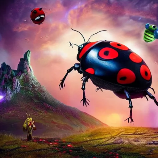 Prompt: promotional movie still, ladybug futuristic ( ( descendants ) ), ladybug quadruped with big rgb eyes, huge ladybug mothership, space western, dramatic lighting, the fellowship of the ring ( film ) genre.