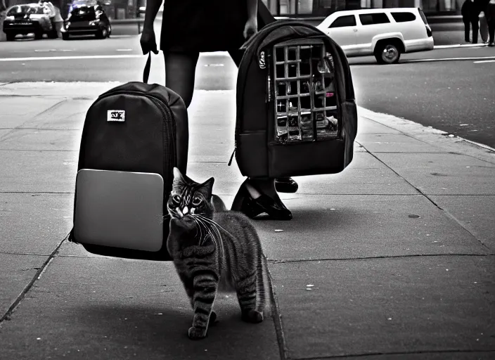 Image similar to photography of a Cat being carried in an half open backpack . in a new york street. award winning photo, led lighting, night, 130mm, sharp, high res