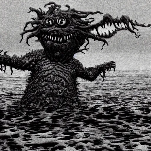 Image similar to nightmare monster emerging from sea surface, but monster is dendritic