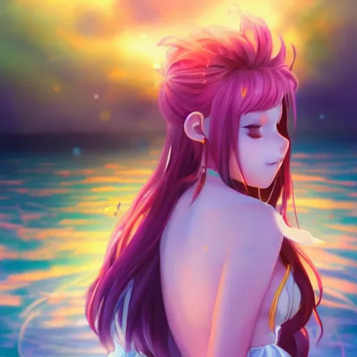 Prompt: SFW version, stunning beauty anime, advanced digital art, painting, WLOP, pixivs, Sakimichan, RossDraws, girl with rainbow hair dancing in the middle of a lake wearing a white dress. —H 2048