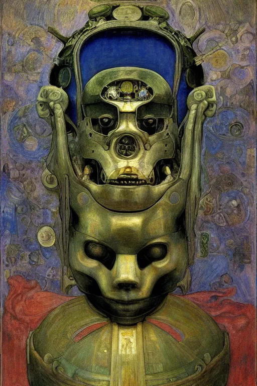 Image similar to the robot in his bone crown, by Annie Swynnerton and Diego Rivera and Elihu Vedder, symbolist, dramatic lighting, elaborate geometric ornament, Art Brut, soft blues and greens,smooth, sharp focus, extremely detailed, Adolf Wölfli, octane render