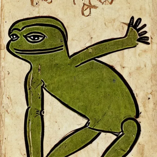 Prompt: ancient manuscript of pepe the frog on papyrus paper, ancient color illustrated, 30BC