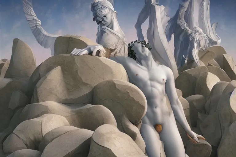 Prompt: a white marble statue of man ruins vicissitude octane render detailed surrealism by vladimir kush