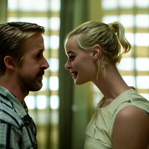 Prompt: still of ryan gosling and margot robbie, in stranger things