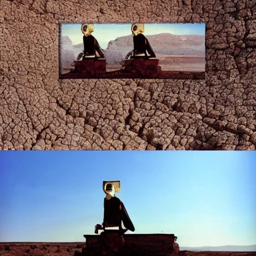 Prompt: salvador dali with full - face golden mask in a dry rocky desert landscape, visible sky and sunny atmosphere, fata morgana and giant square mirrors, film still from the movie by alejandro jodorowsky with cinematogrophy of christopher doyle and art direction by hans giger, anamorphic lens, kodakchrome, very detailed photo, 8 k