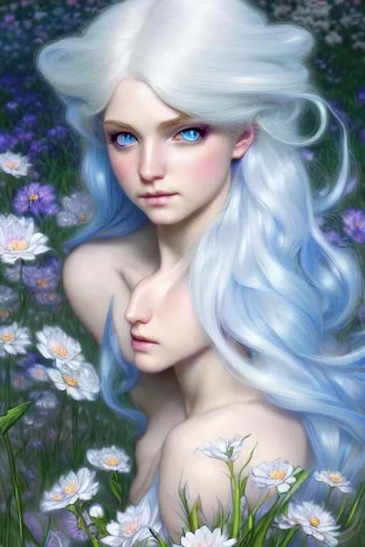 Image similar to highly detailed illustration beautiful white - haired fairy princess in a flower garden, wonderful blue eyes, deep focus, d & d, fantasy, complex, elegant, highly detailed, digital painting, artstation, concept art, matte, clear focus, illustration, hearthstone, art by artgerm and greg rutkowski and alphonse mucha