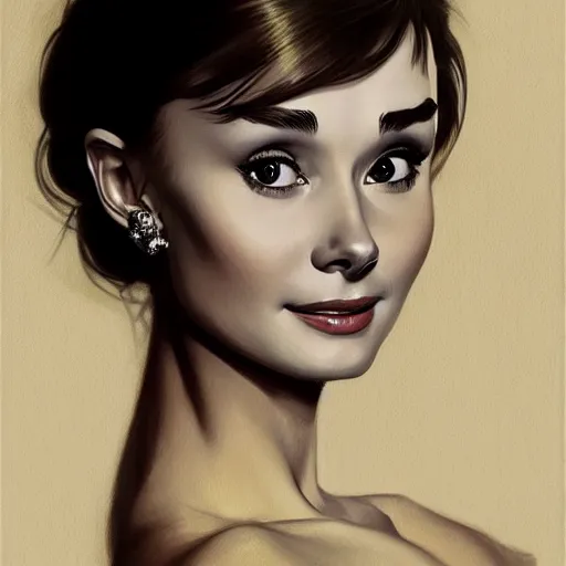 Prompt: portrait of a young audrey hepburn, upper body, seductive eyes, long hair, joyful smirk, intricate, elegant, highly detailed, digital painting, artstation, concept art, matte, sharp focus, illustration, art by artgerm and greg rutkowski and alphonse mucha