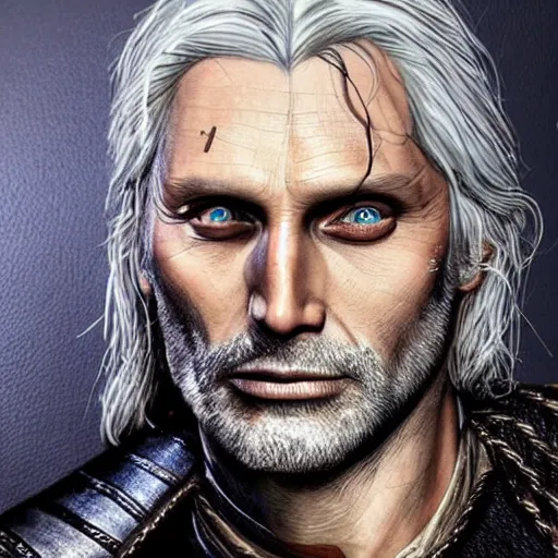 Image similar to mads mikkelsen as geralt from the witcher, portait art, detailed and accurate face