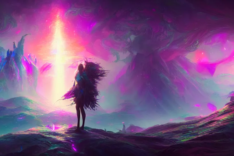 Image similar to a psychedelic realm at the edge of the known universe, astral beings sharing love, in the style of greg rutkowski and wlop and lisa frank and bob ross and ruan jia, illustration, epic, fantasy, hyper detailed, smooth, unreal engine, sharp focus, ray tracing