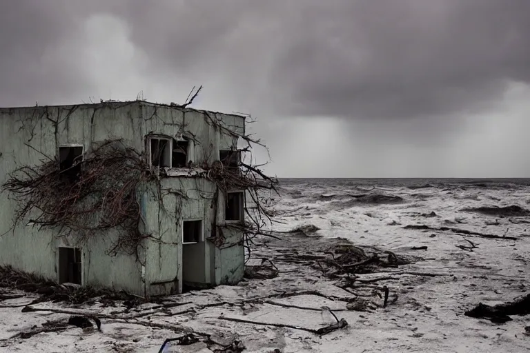 Image similar to danila tkachenko, low key lighting, an abandoned soviet apartment building in the middle of the ocean, storm, lighning storm, crashing waves, dramatic lighting