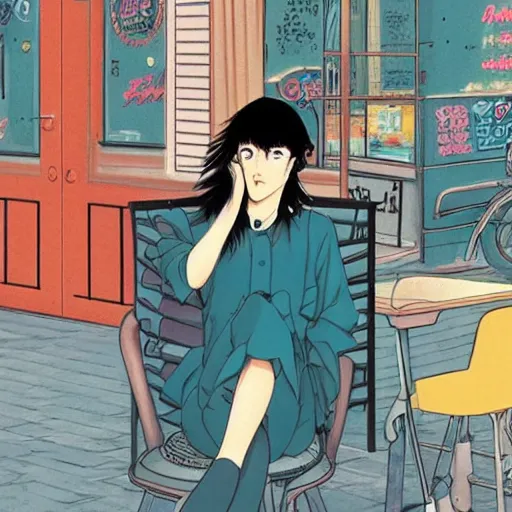 Prompt: young woman at a cafe in paris, graphic novel, visual novel cg, 8 0 s anime vibe, vaporwave nostalgia, vogue magazine, kimagure orange road, maison ikkoku, city hunter, great teacher onizuka