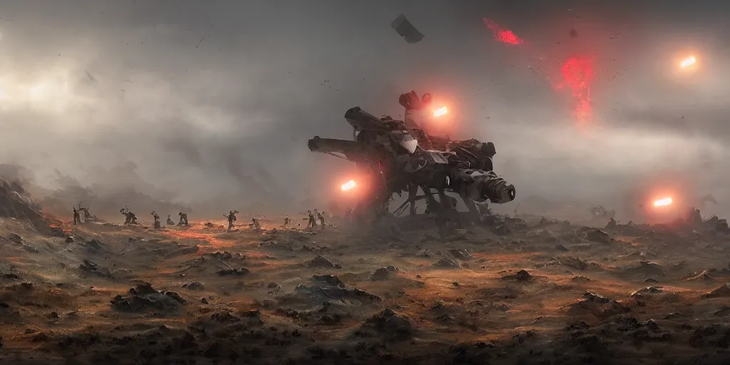 Prompt: a robot warzone on shrubland garigue with thick fog, missles and explosions, matte painting, concept art, 4 k